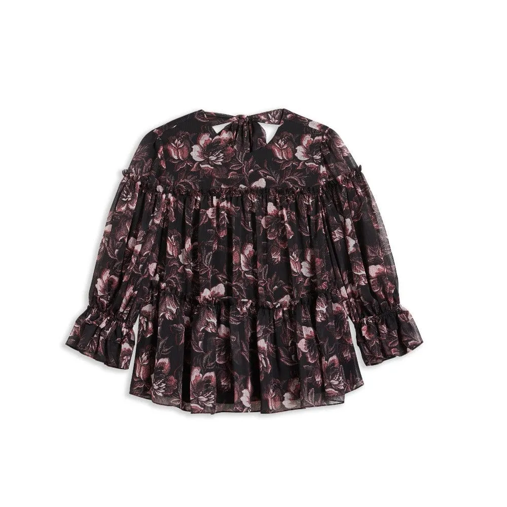 Ted Baker Ballou Tiered Black Print Ruffle Blouse With Back Tie In Black