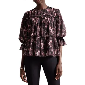 Ted Baker Ballou Tiered Black Print Ruffle Blouse With Back Tie In Black