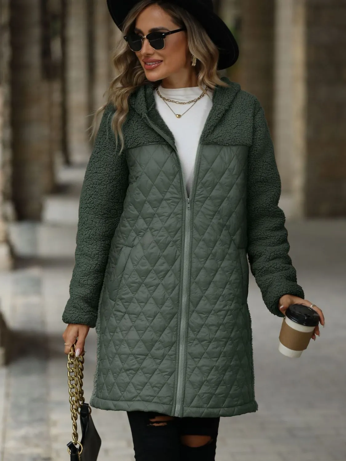 Texture Zip Up Long Sleeve Hooded Coat