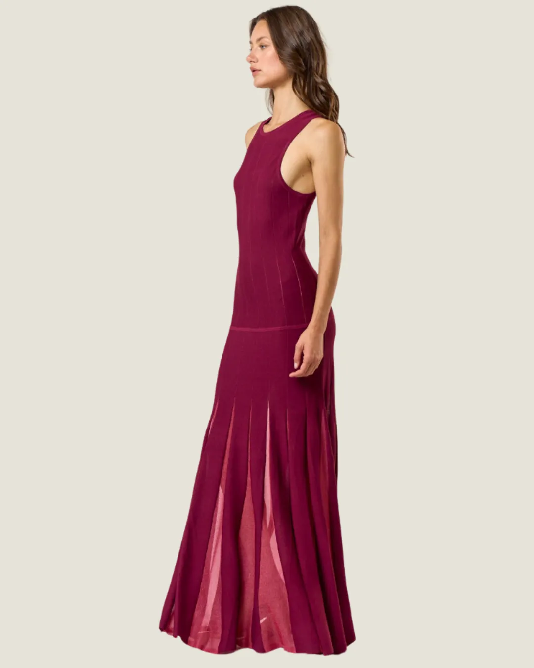 The Taylor: Wine Sleeveless Sheer Bottom Maxi Dress