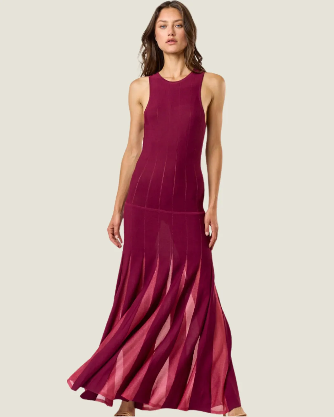 The Taylor: Wine Sleeveless Sheer Bottom Maxi Dress