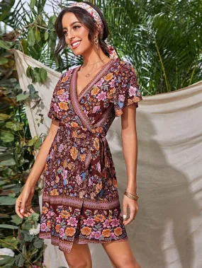 Tribal Floral Flutter Sleeve Tie Side Wrap Dress