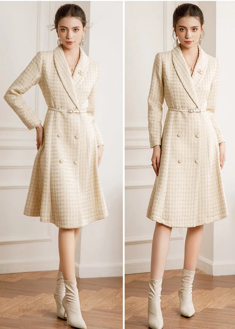 Tweed Double Breasted Belted Tweed Flared Coat