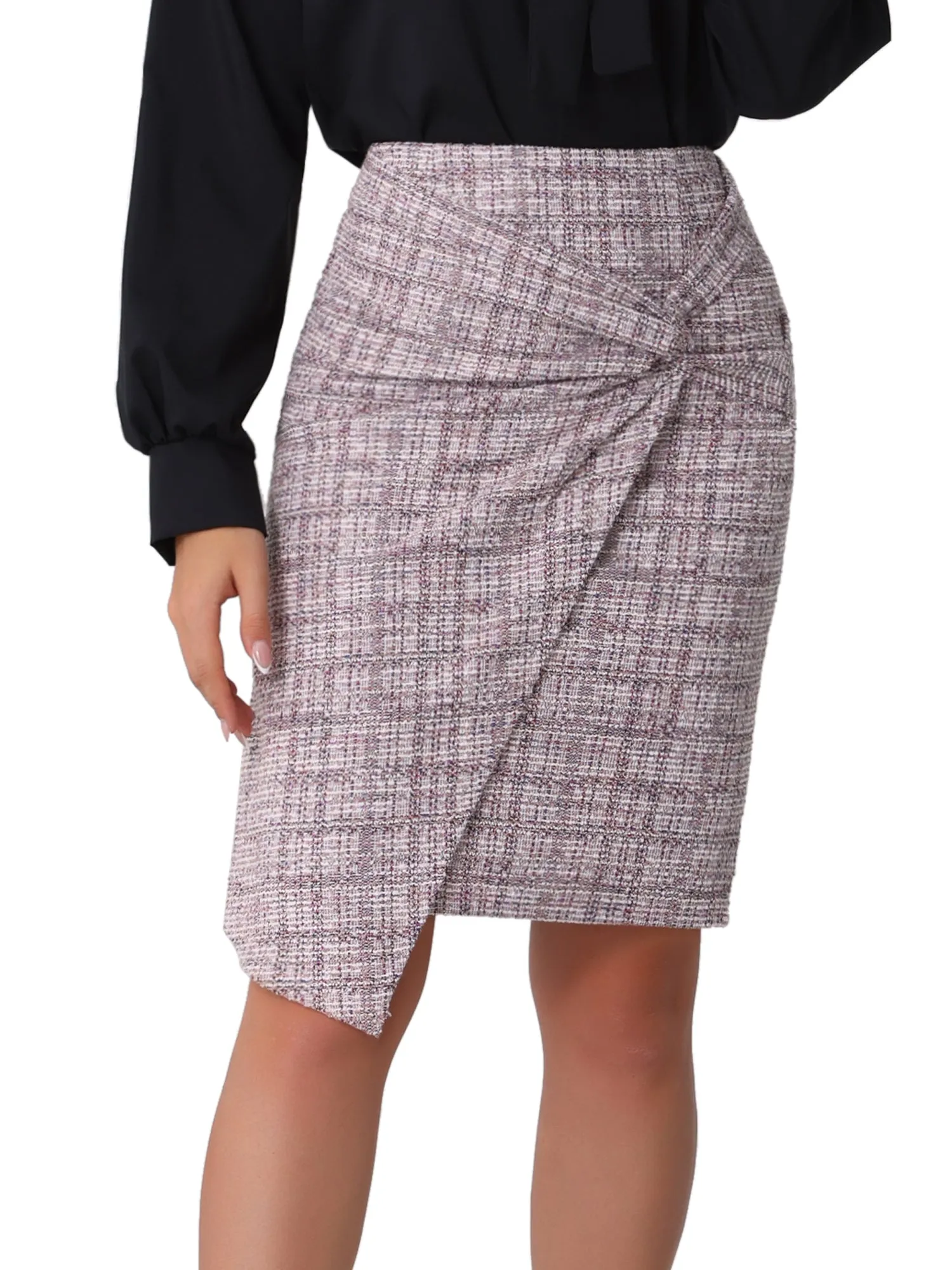 Tweed Plaid Twisted Ruched Pencil Midi Skirt