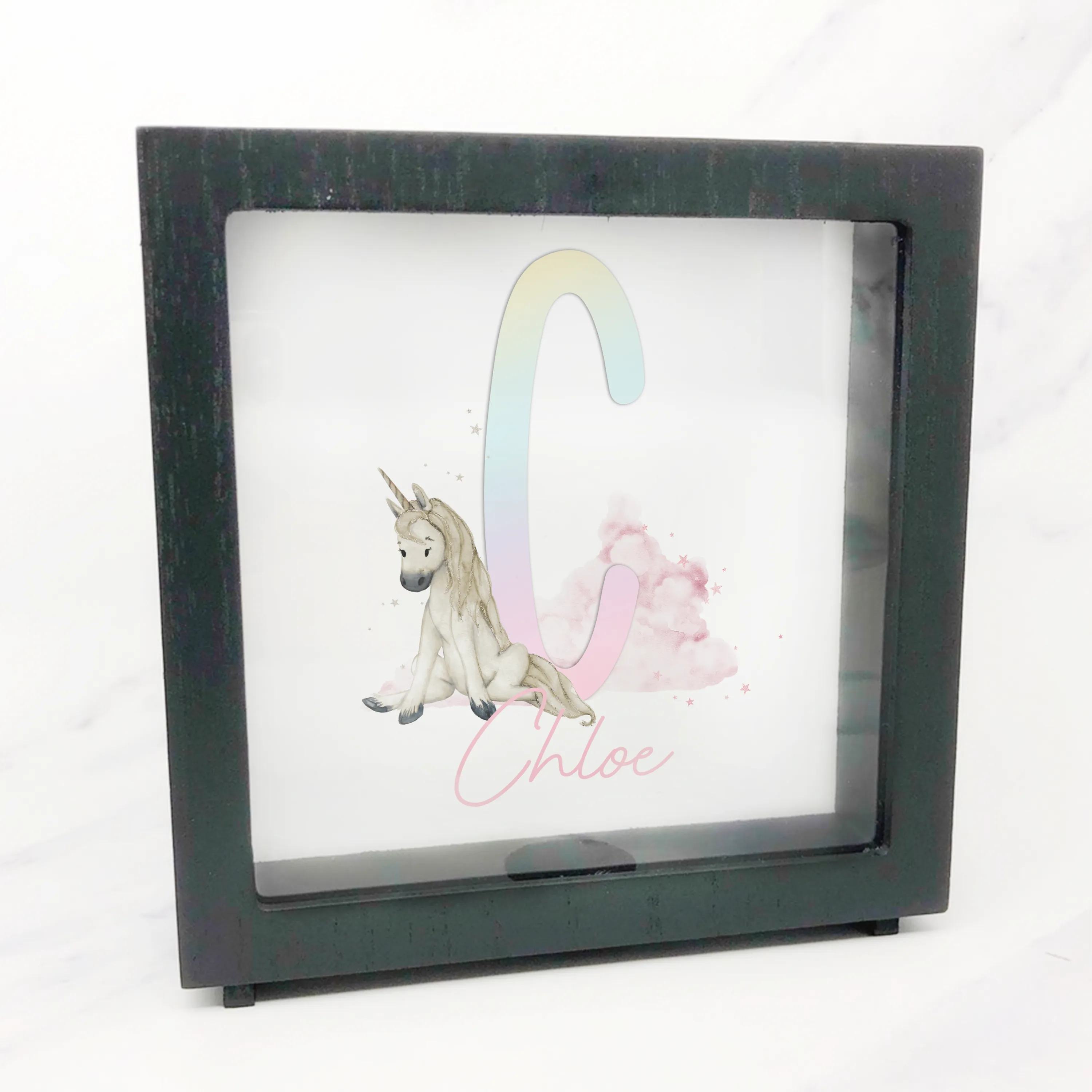 Unicorn Rainbow Alphabet Personalised Money Box Frame