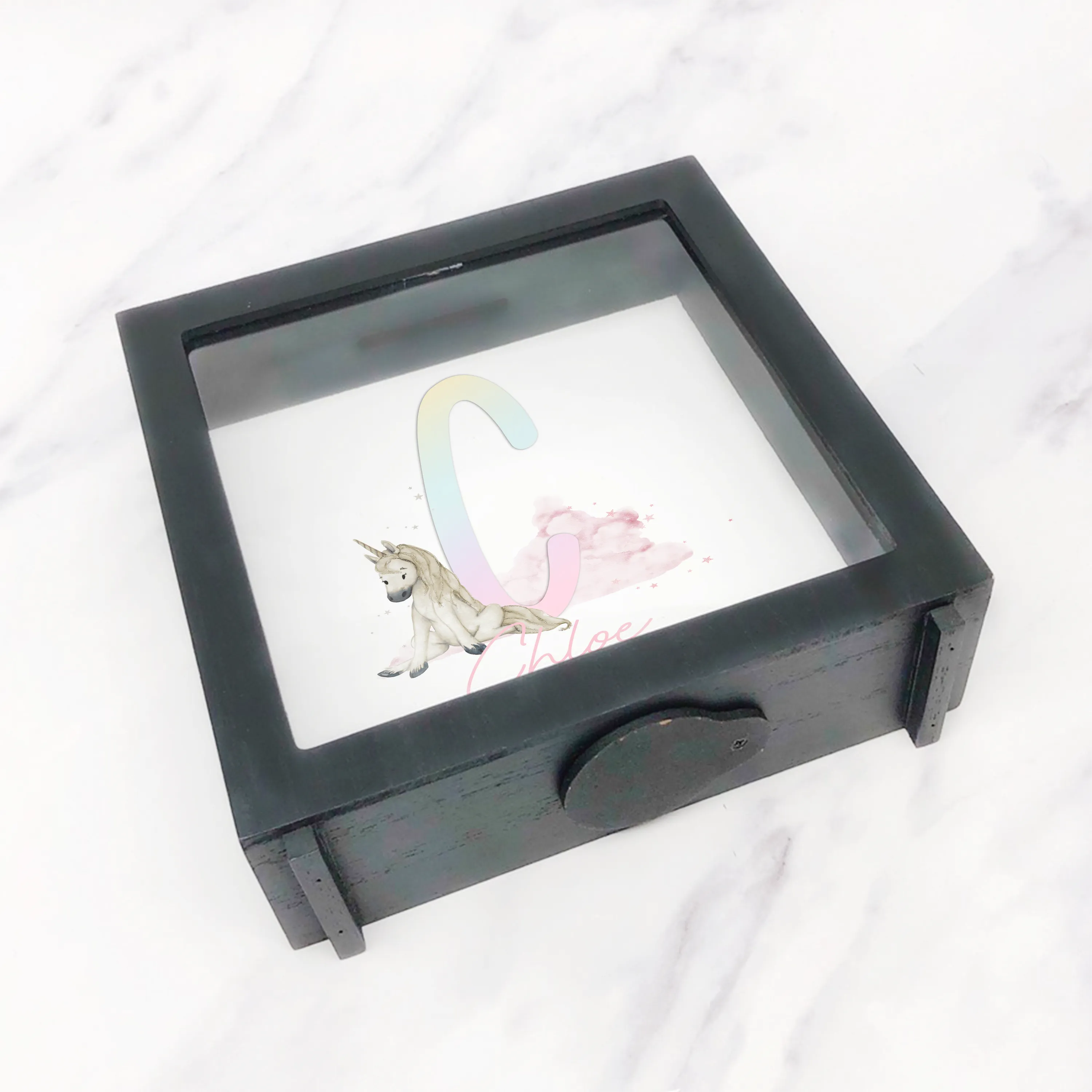 Unicorn Rainbow Alphabet Personalised Money Box Frame