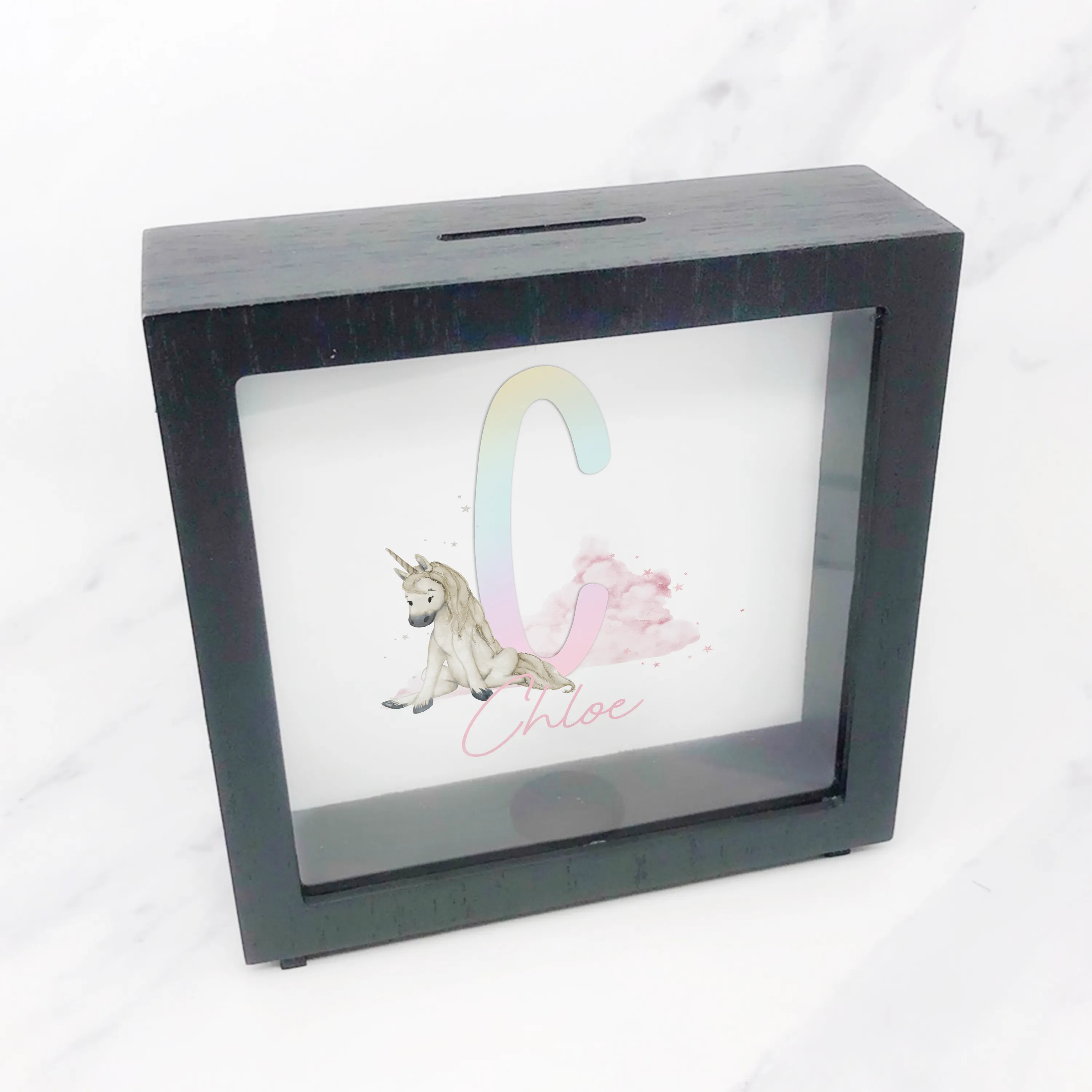 Unicorn Rainbow Alphabet Personalised Money Box Frame