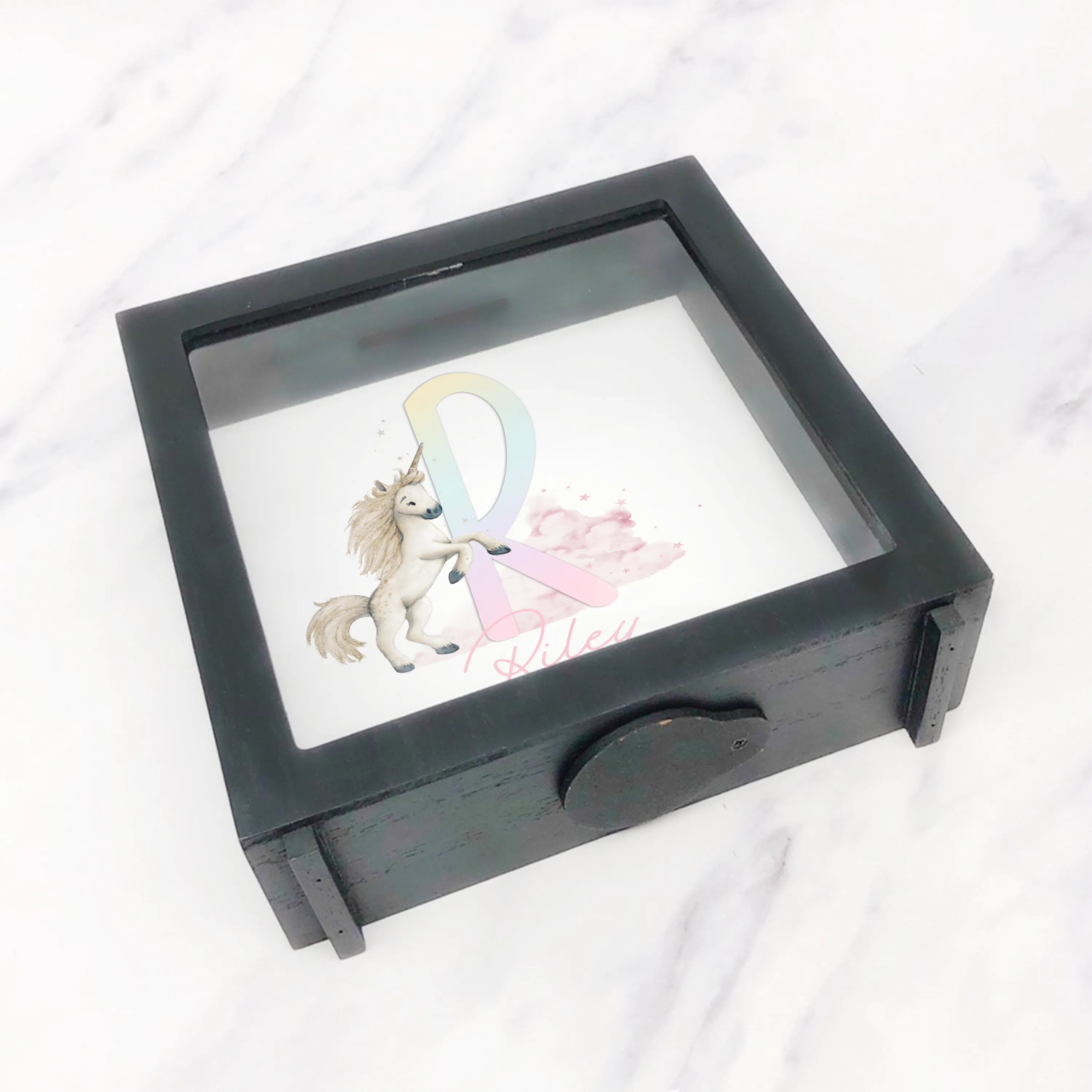 Unicorn Rainbow Alphabet Personalised Money Box Frame