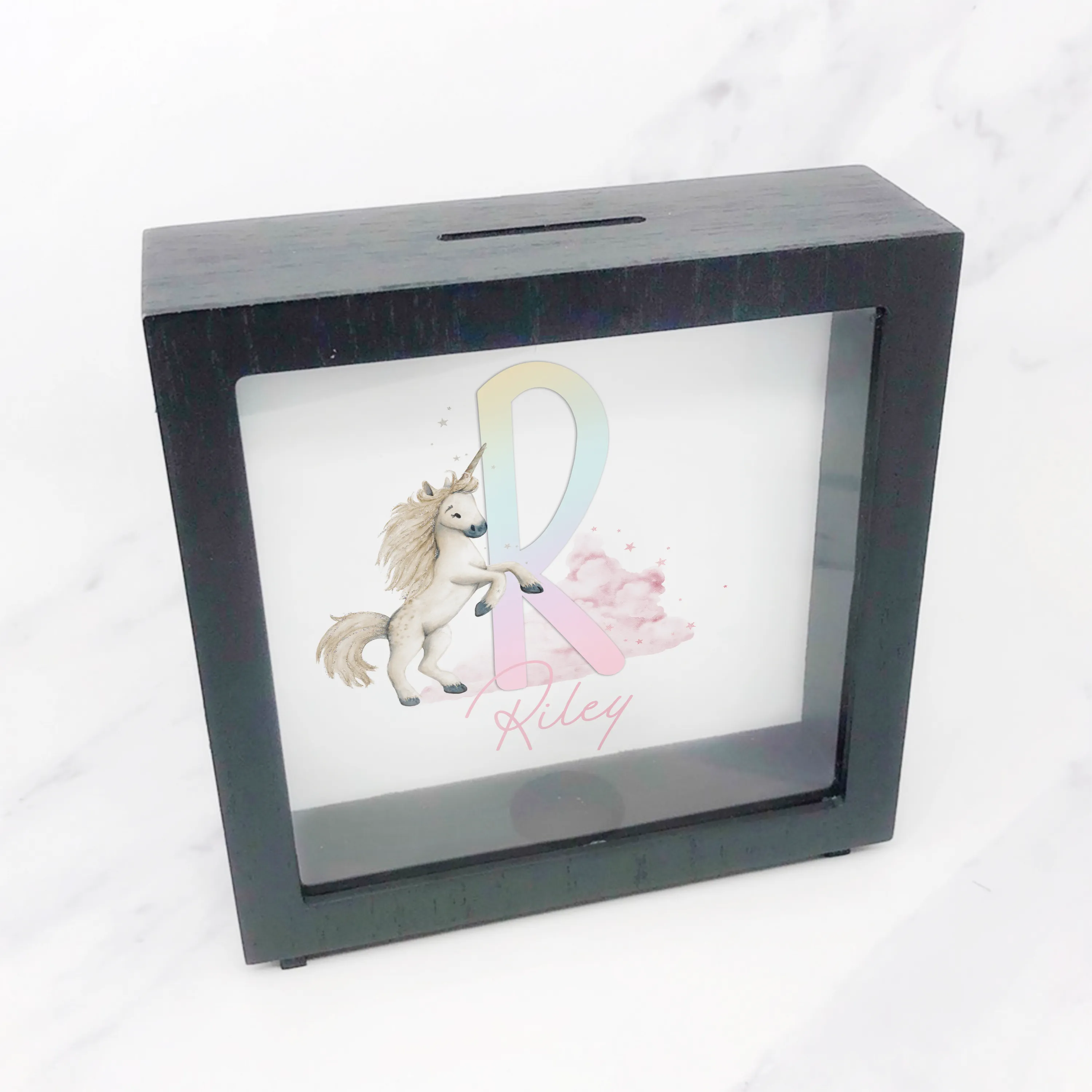 Unicorn Rainbow Alphabet Personalised Money Box Frame