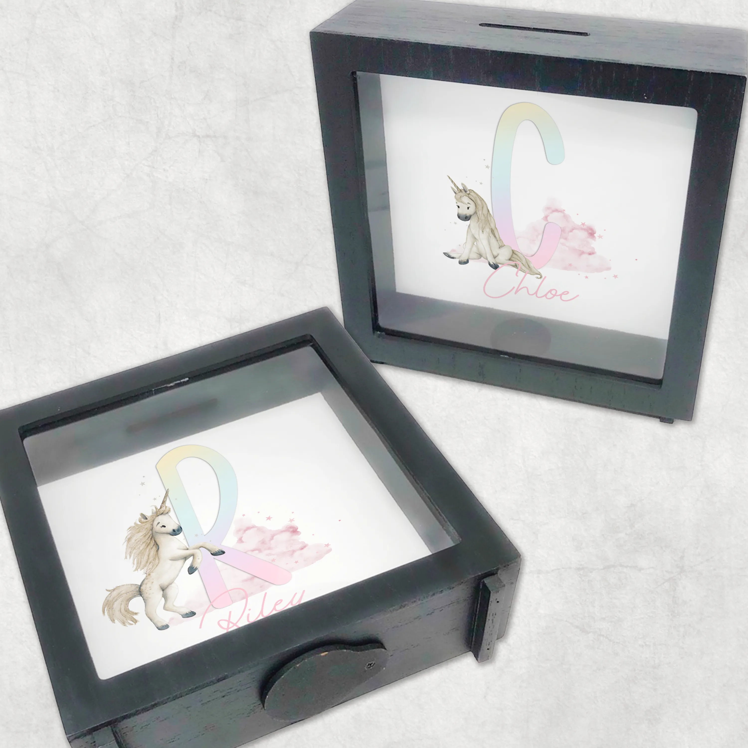 Unicorn Rainbow Alphabet Personalised Money Box Frame