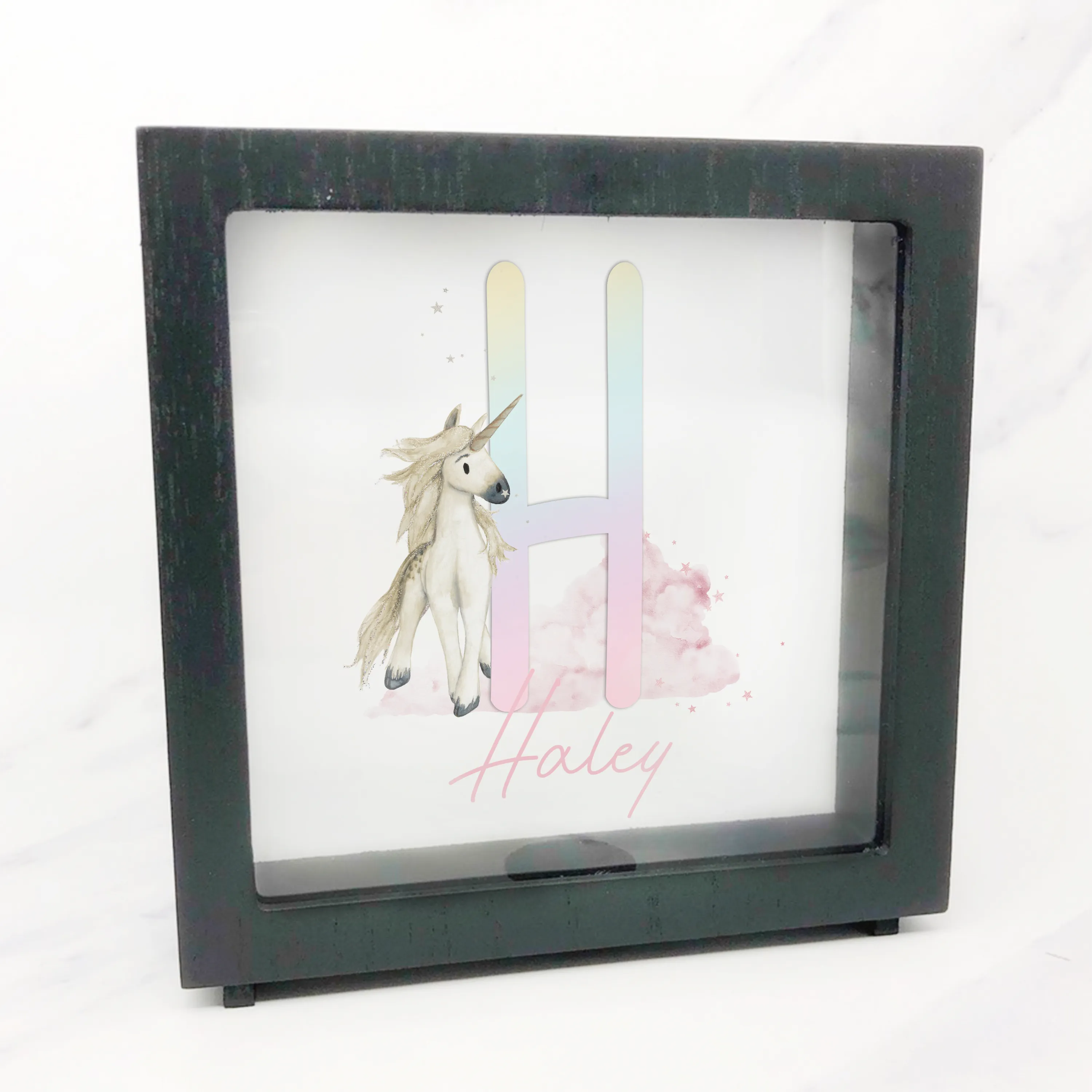 Unicorn Rainbow Alphabet Personalised Money Box Frame