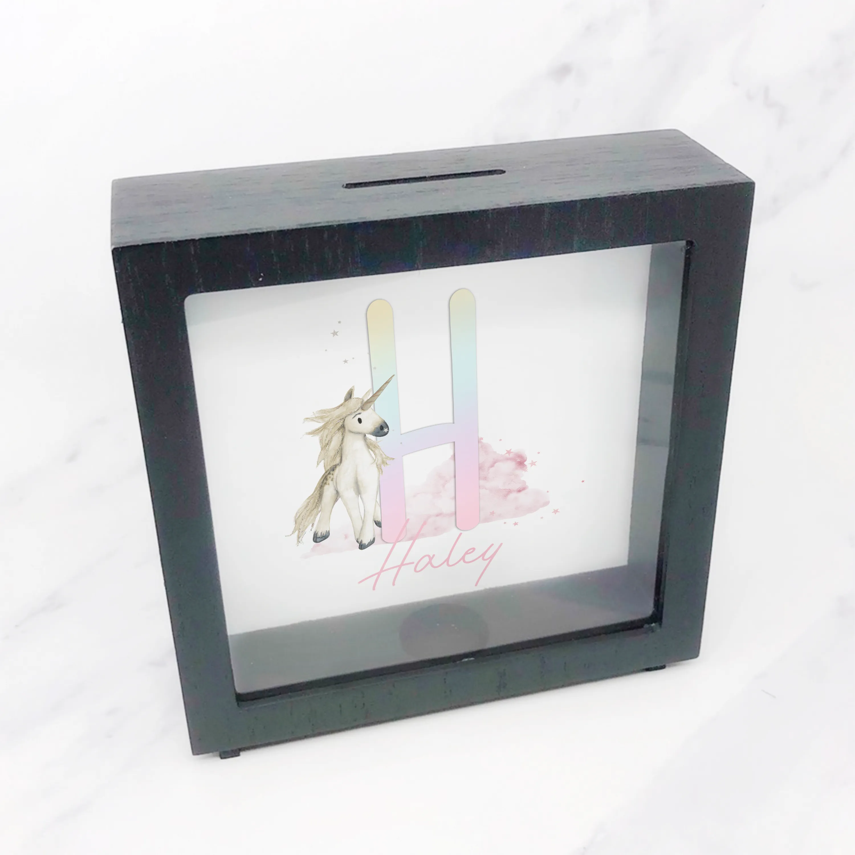 Unicorn Rainbow Alphabet Personalised Money Box Frame