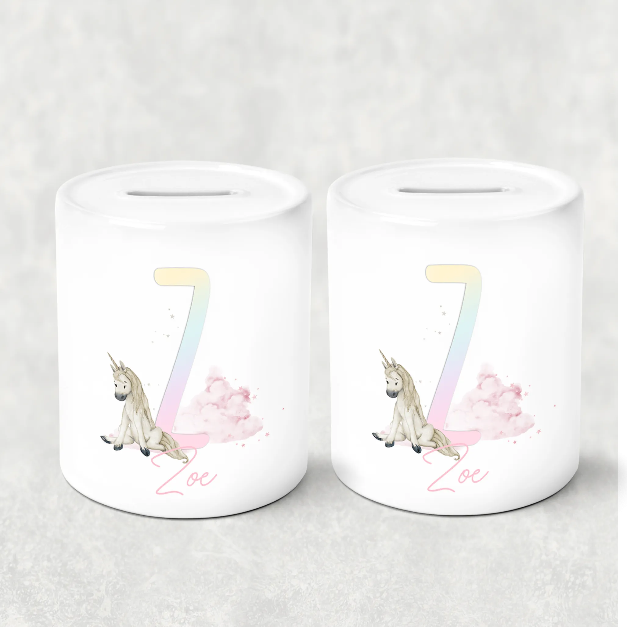 Unicorn Rainbow Alphabet Personalised Money Saving Pot