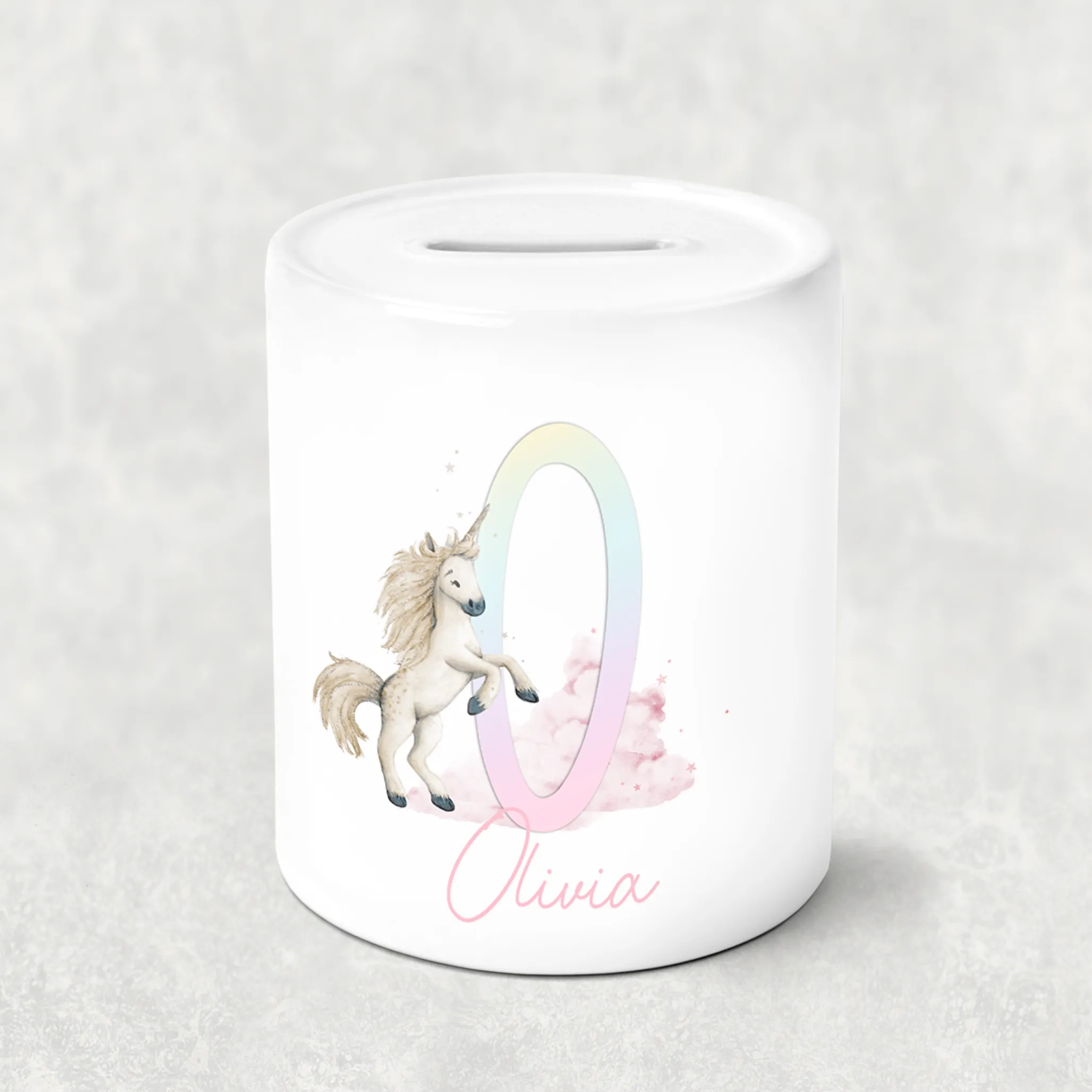 Unicorn Rainbow Alphabet Personalised Money Saving Pot