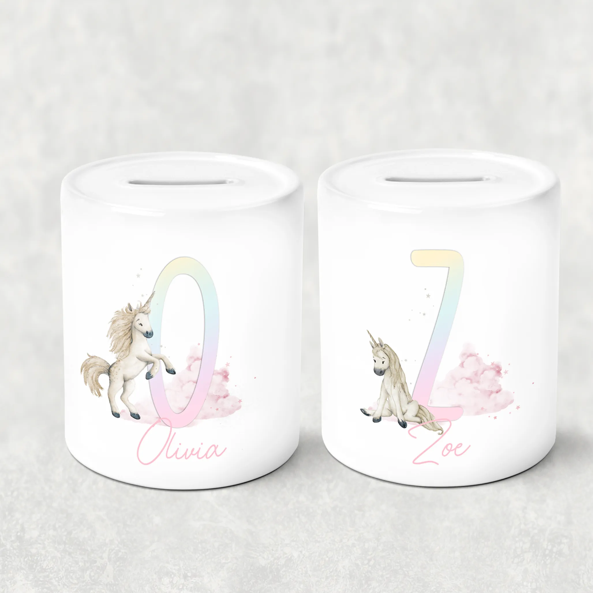 Unicorn Rainbow Alphabet Personalised Money Saving Pot