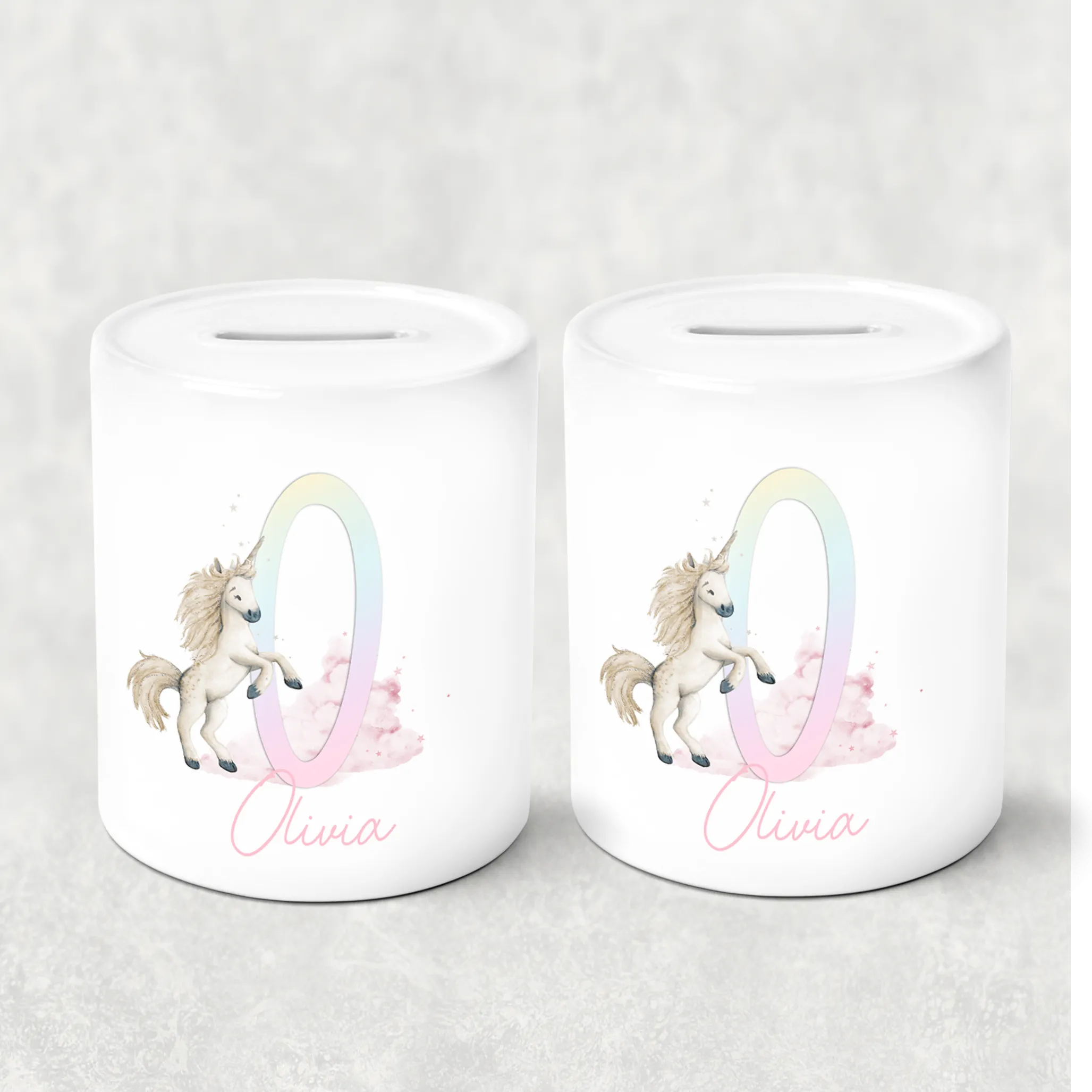 Unicorn Rainbow Alphabet Personalised Money Saving Pot