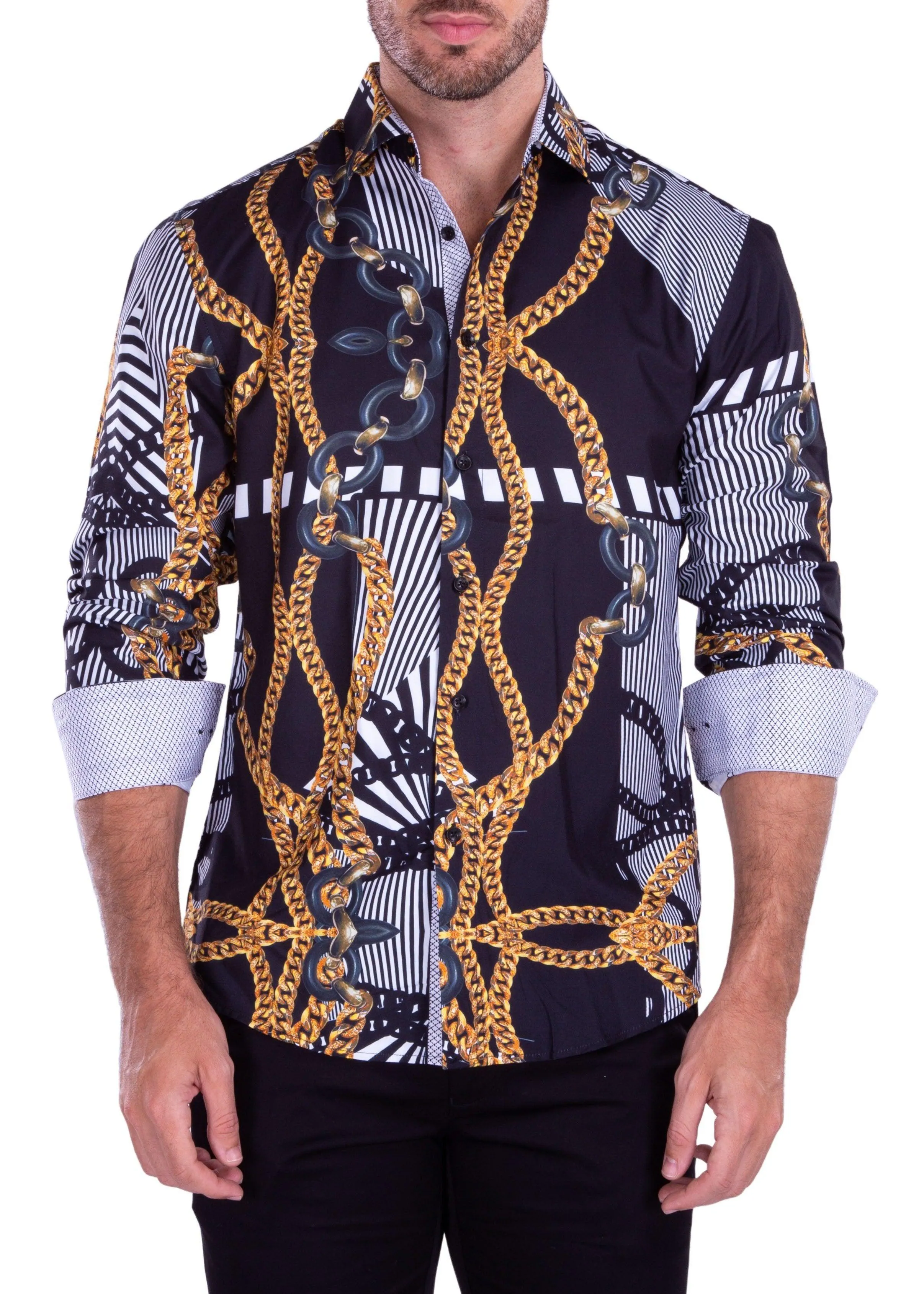 Various Chains Print Black Button Up Long Sleeve Dress Shirt