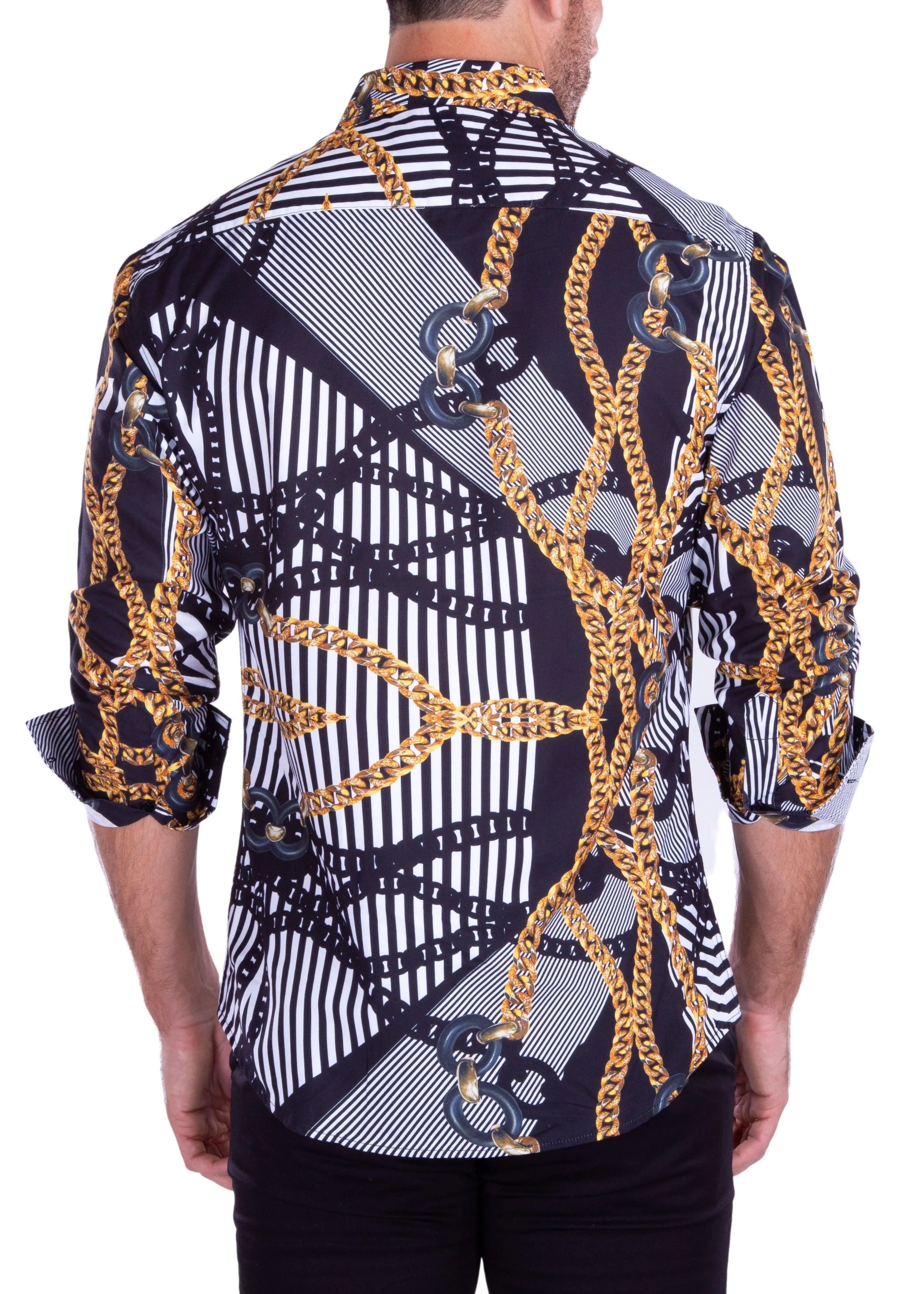 Various Chains Print Black Button Up Long Sleeve Dress Shirt