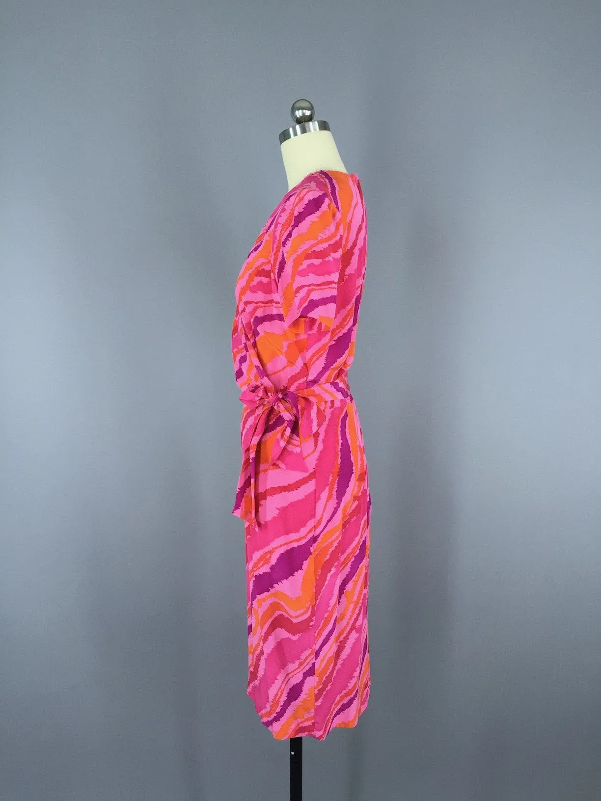 Vintage Pink Silk Dress / 1980s Wrap Style