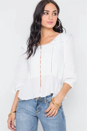 White Crochet Trim Button Down Boho Top