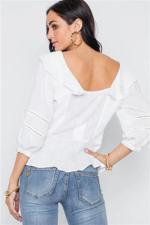 White Crochet Trim Button Down Boho Top