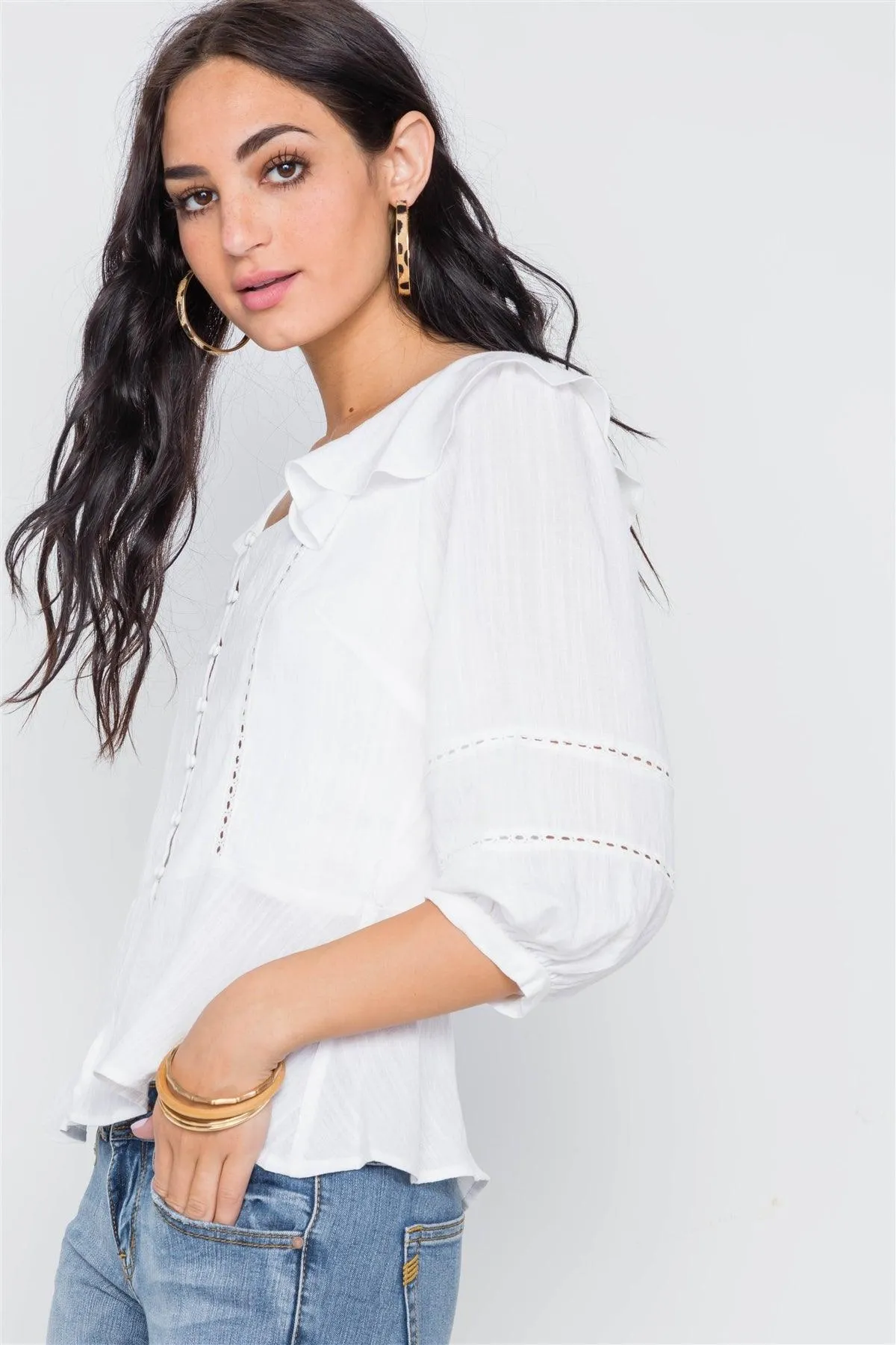 White Crochet Trim Button Down Boho Top