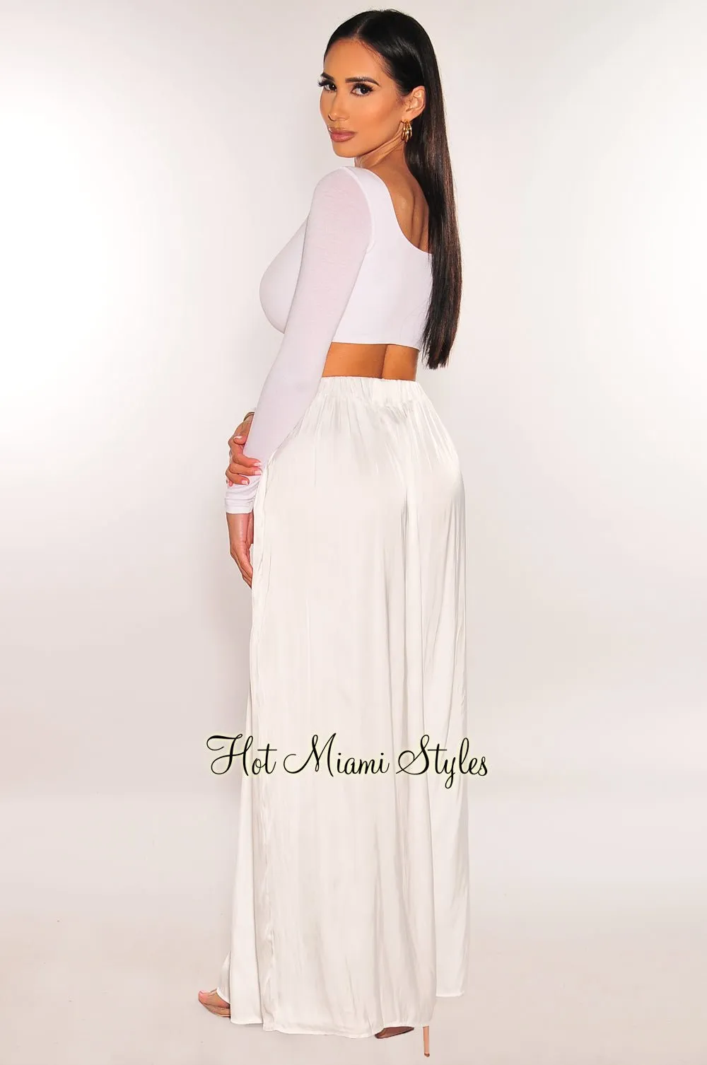 White Silky High Waist Pleated Palazzo Pants