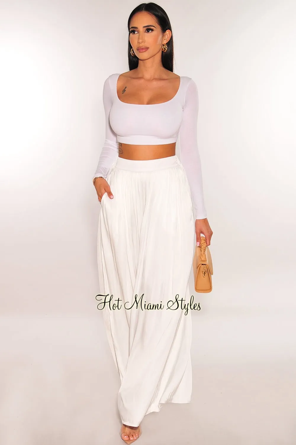 White Silky High Waist Pleated Palazzo Pants