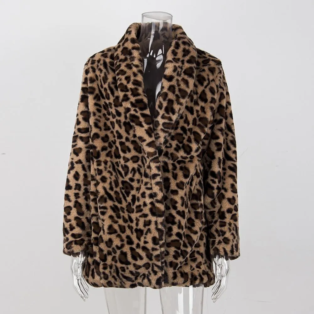 Winter Warm Plush Teddy Coat Long Leopard Print Faux Fur Jacket