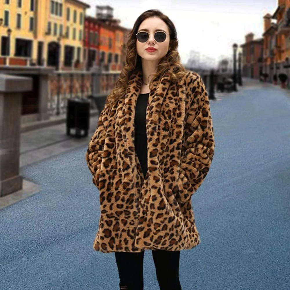 Winter Warm Plush Teddy Coat Long Leopard Print Faux Fur Jacket