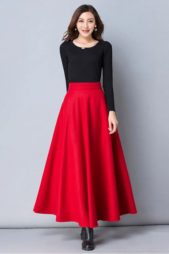 Women A-Line Red Wool Skirt 3791