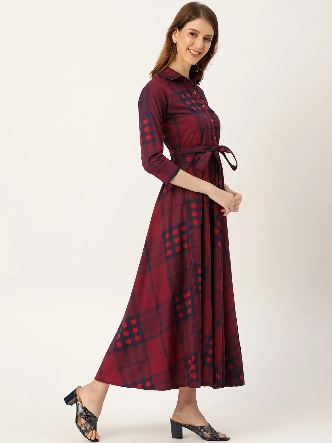 Women Burgundy Checked Printed Shirt Collar Cotton Fit And Flare Dress