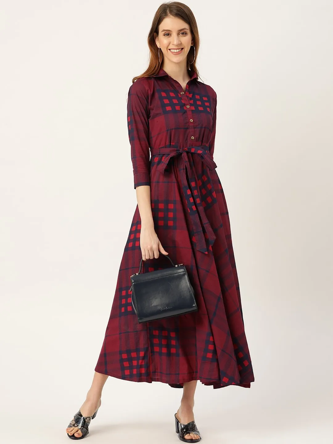 Women Burgundy Checked Printed Shirt Collar Cotton Fit And Flare Dress