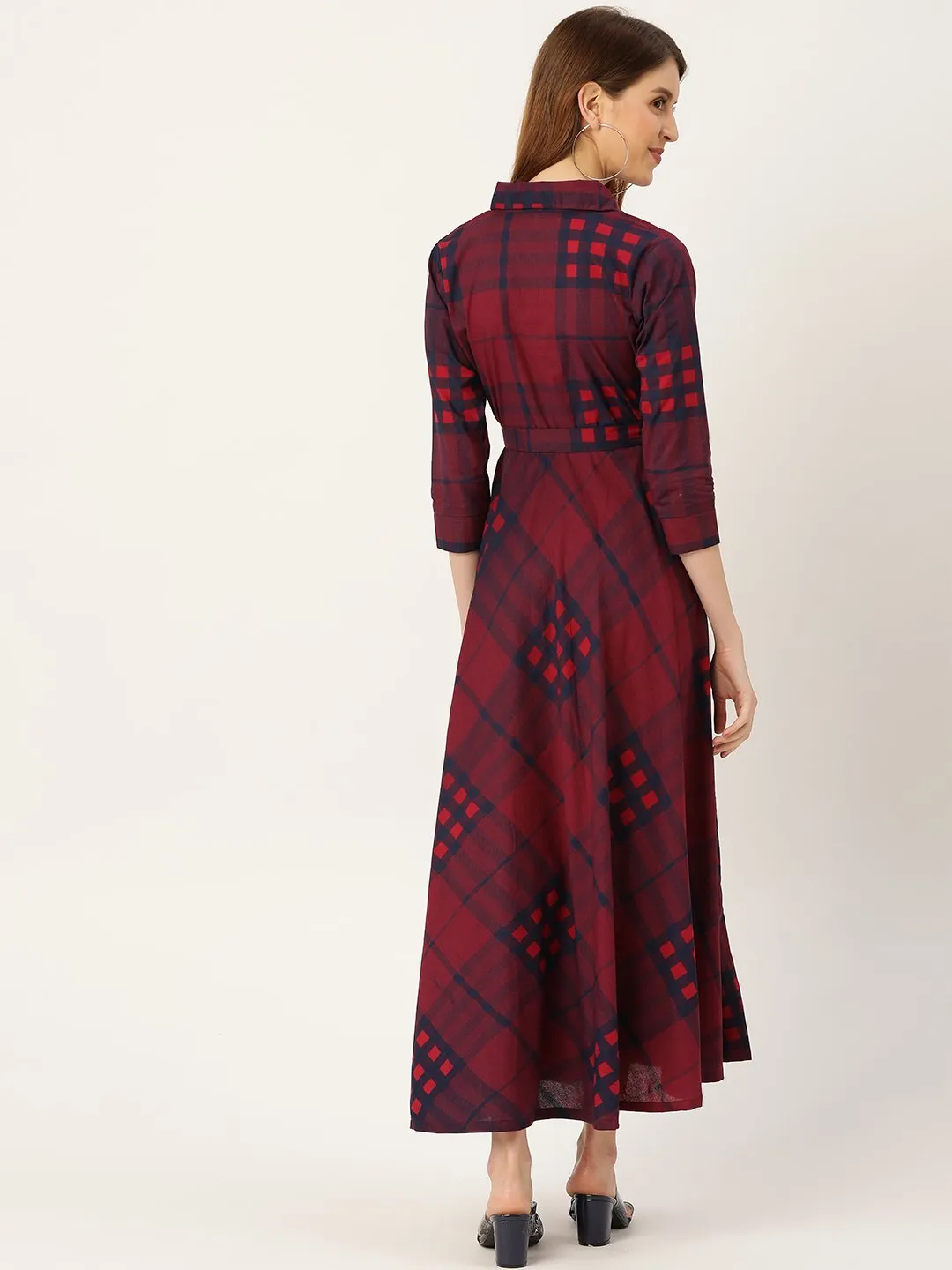 Women Burgundy Checked Printed Shirt Collar Cotton Fit And Flare Dress