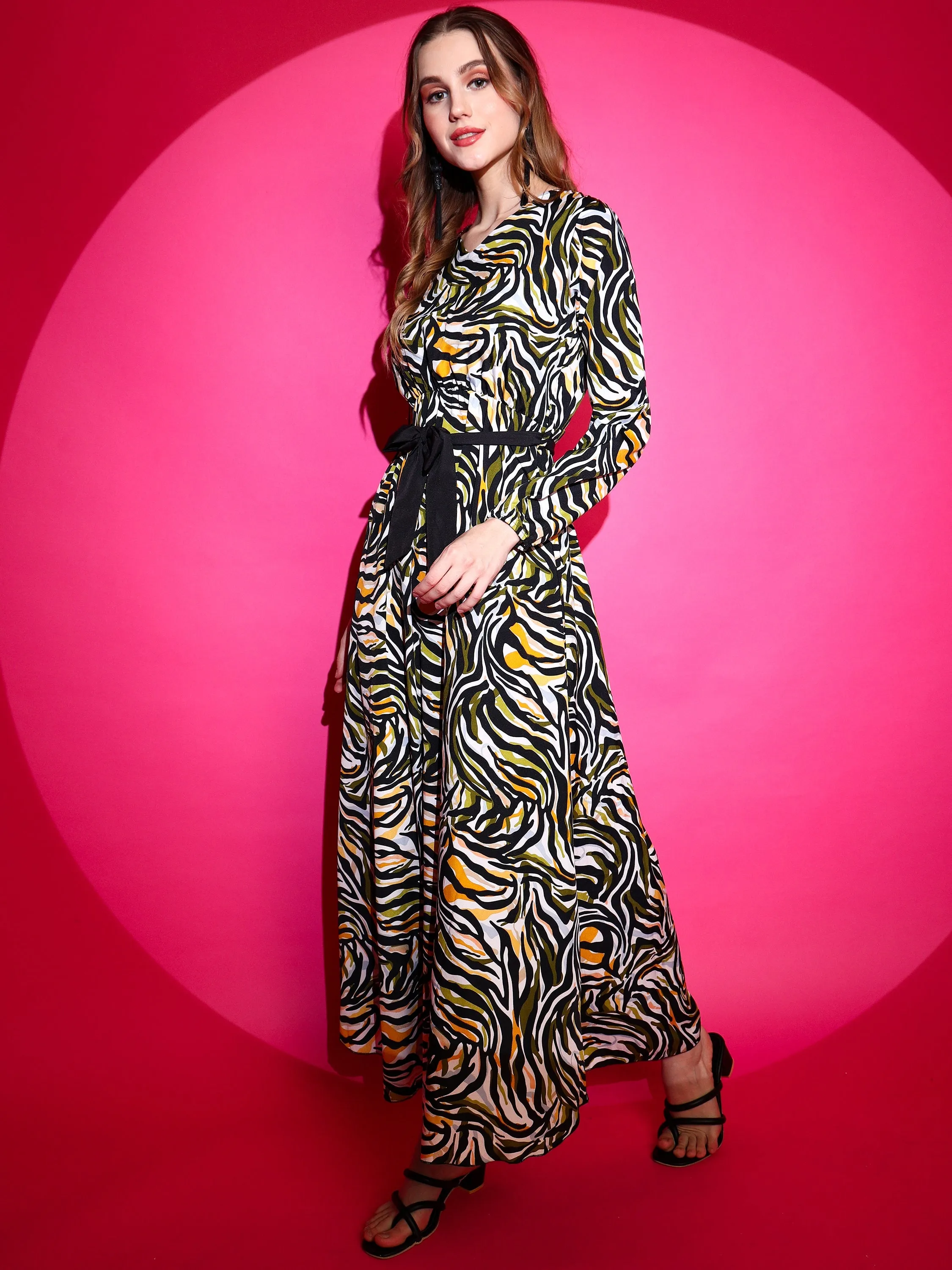 Women Zebra Printed Crepe Maxi V-neck Dress