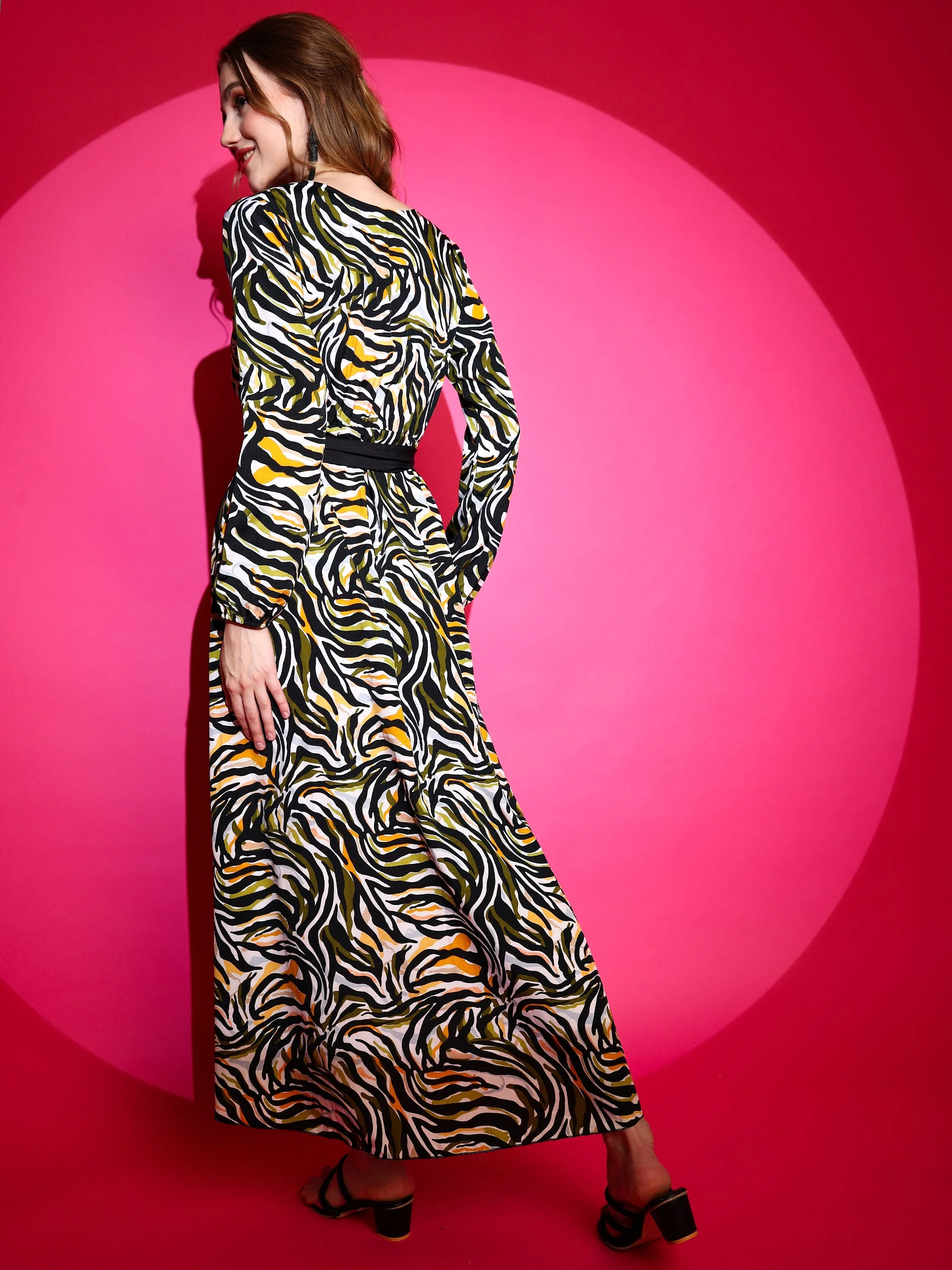 Women Zebra Printed Crepe Maxi V-neck Dress