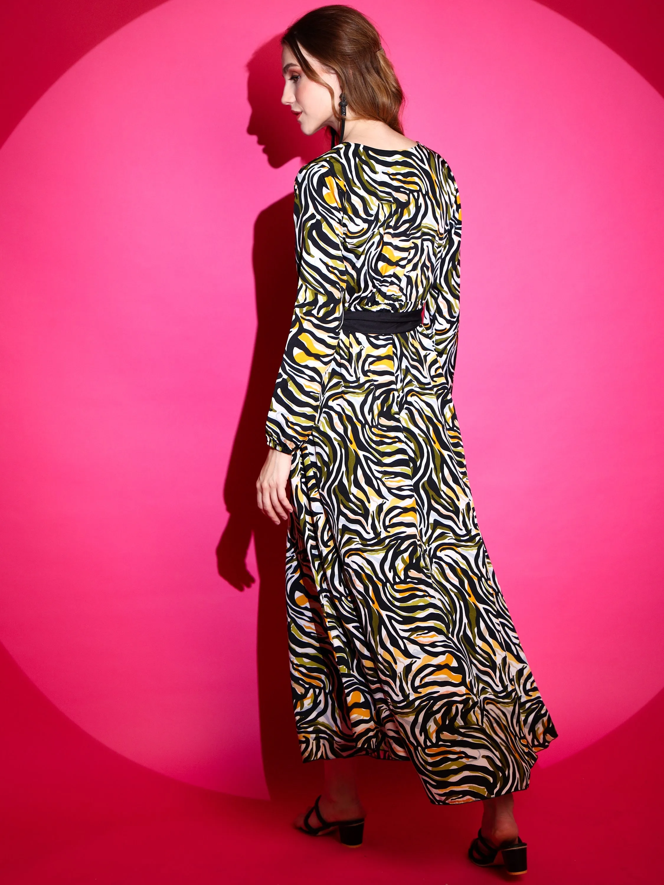 Women Zebra Printed Crepe Maxi V-neck Dress