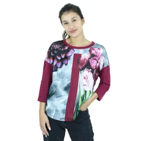 Women's Floral Satin Top,Burgundy