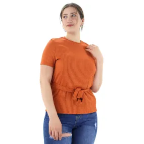 Women's Ribbed Top With Belt,Brick