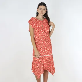 Women's Ruffled Floral Casual Midi Dress,Coral