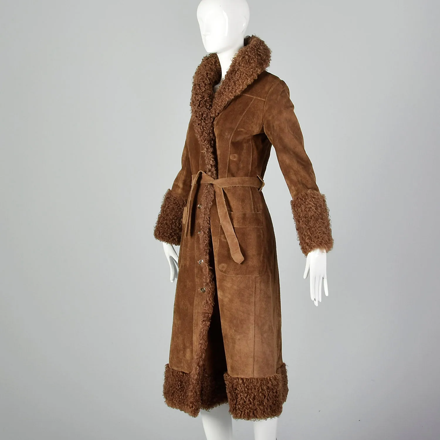 XXS 1970s Brown Suede Leather Shearling Lined Coat