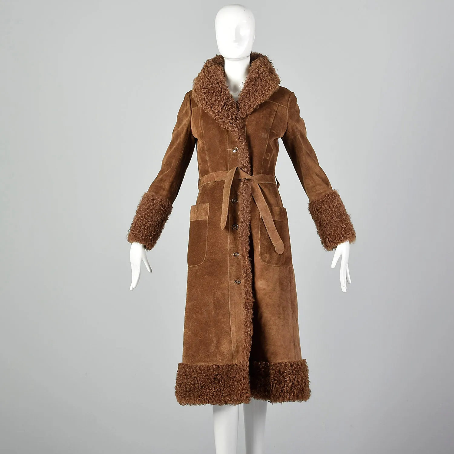 XXS 1970s Brown Suede Leather Shearling Lined Coat