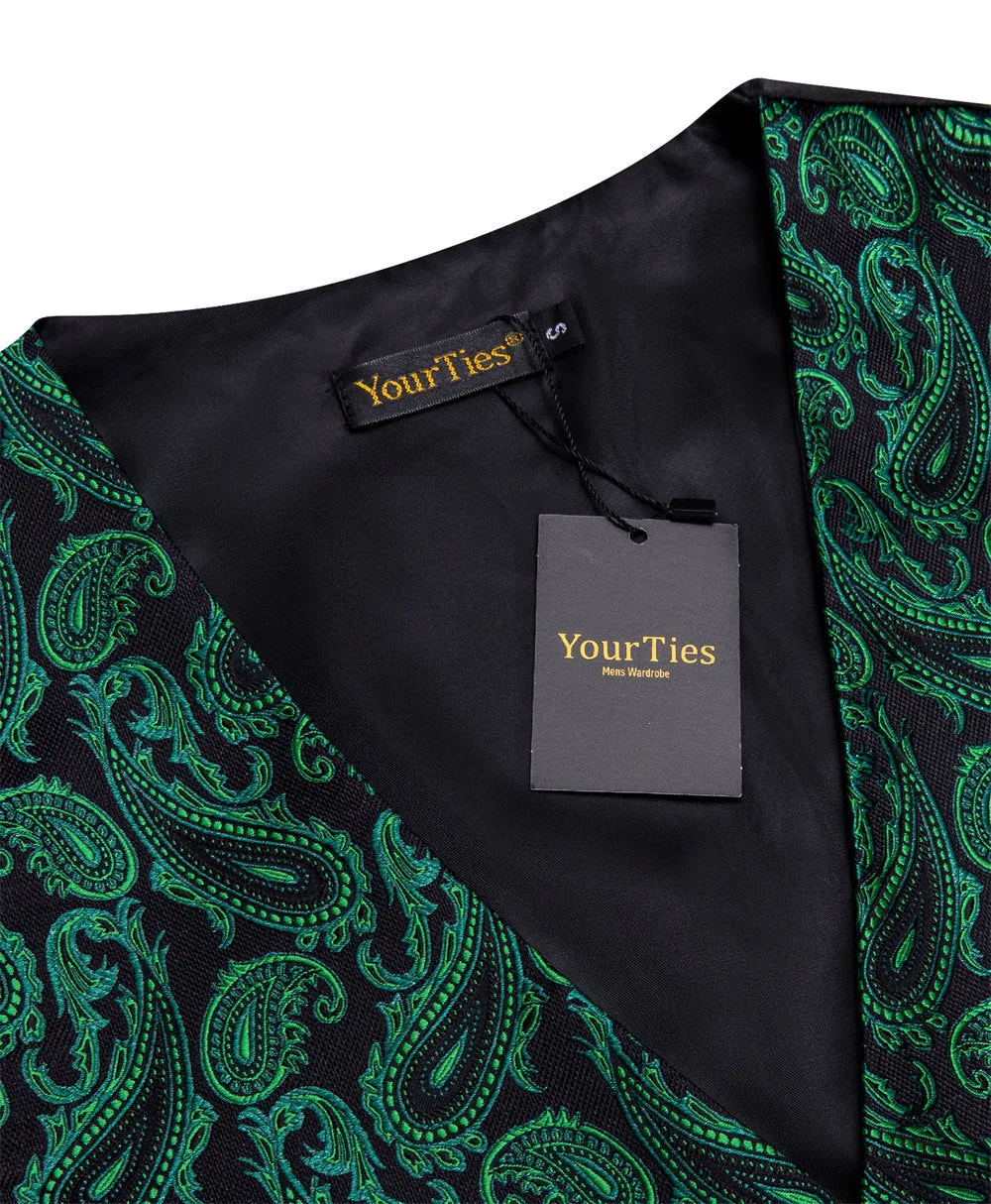 YourTies Green Paisley Silk Mens Waistcoat Necktie Hanky Cufflinks Set