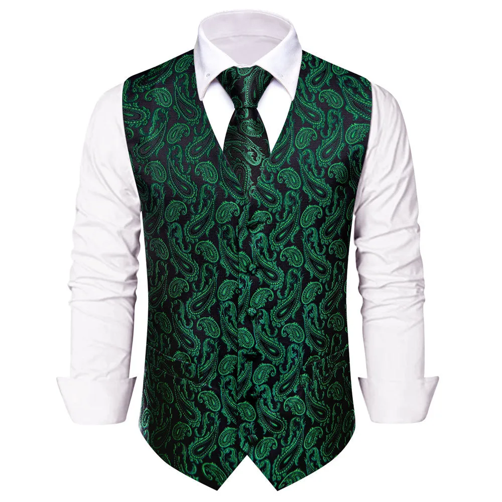 YourTies Green Paisley Silk Mens Waistcoat Necktie Hanky Cufflinks Set